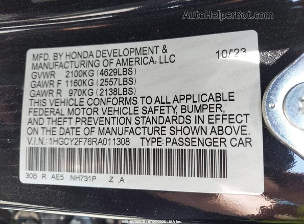 1HGCY2F76RA011308 2024 HONDA ACCORD Black Engine compartment view