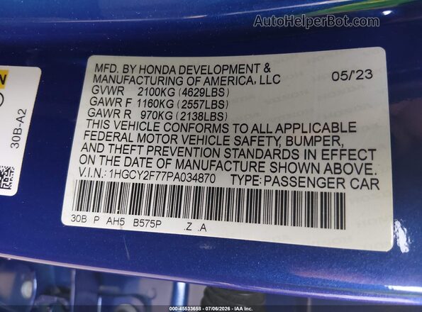 1HGCY2F77PA034870 2023 HONDA ACCORD Blue ძრავის განყოფილების ხედი
