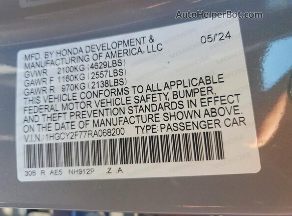 1HGCY2F77RA068200 2024 HONDA ACCORD Gray VIN կոդի պիտակի տեսք