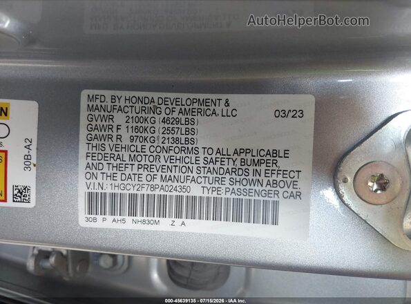 1HGCY2F78PA024350 2023 HONDA ACCORD Silver ძრავის განყოფილების ხედი