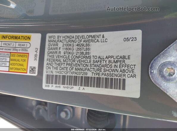 1HGCY2F7XPA037259 2023 HONDA ACCORD Gray Widok komory silnika