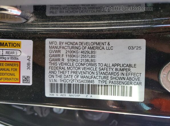1HGCY2F7XSA039845 2025 HONDA ACCORD Black Շարժիչի բաժամունքի տեսք