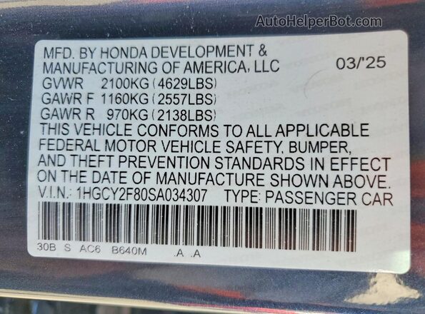 1HGCY2F80SA034307 2025 HONDA ACCORD Blue Widok naklejki z numerem VIN