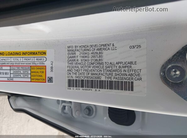 1HGCY2F80SA036882 2025 HONDA ACCORD White Շարժիչի բաժամունքի տեսք