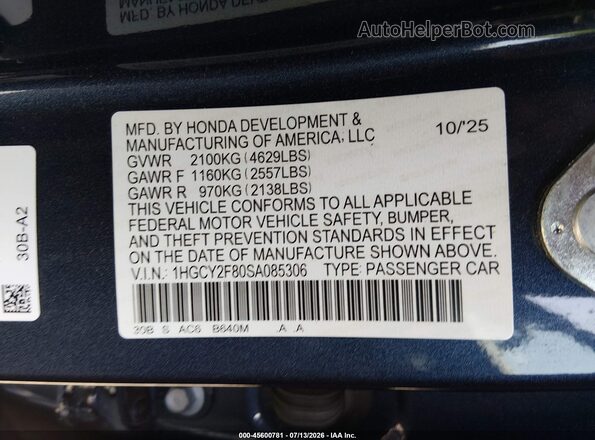1HGCY2F80SA085306 2025 HONDA ACCORD Blue ძრავის განყოფილების ხედი