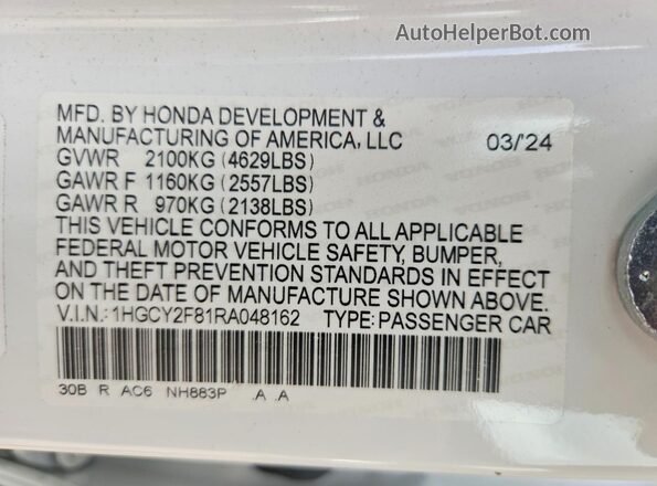 1HGCY2F81RA048162 2024 HONDA ACCORD White ძრავის განყოფილების ხედი