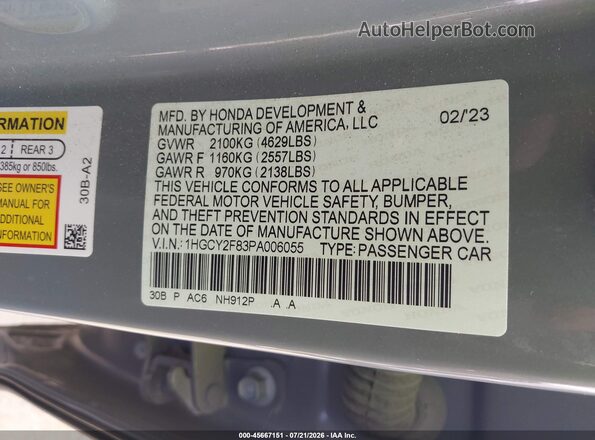 1HGCY2F83PA006055 2023 HONDA ACCORD Gray ძრავის განყოფილების ხედი