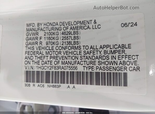 1HGCY2F83RA075556 2024 HONDA ACCORD White ძრავის განყოფილების ხედი