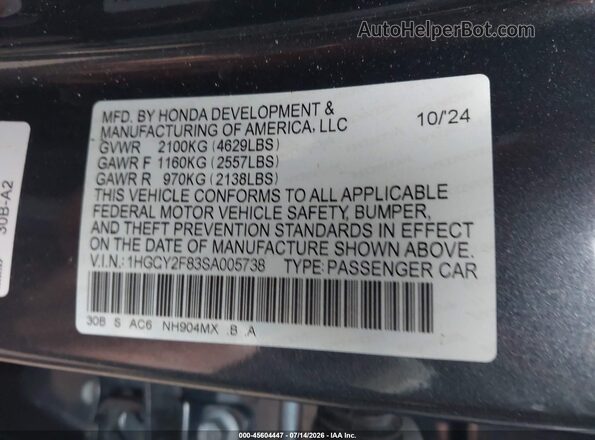 1HGCY2F83SA005738 2025 HONDA ACCORD Black ძრავის განყოფილების ხედი