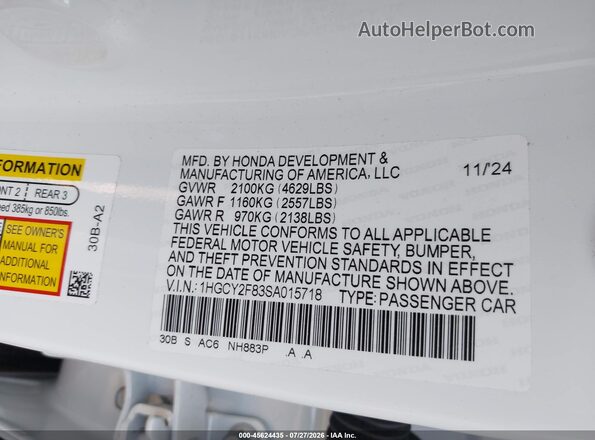 1HGCY2F83SA015718 2025 HONDA ACCORD White Widok komory silnika