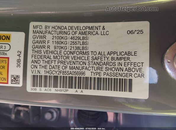 1HGCY2F85SA056996 2025 HONDA ACCORD Gray ძრავის განყოფილების ხედი