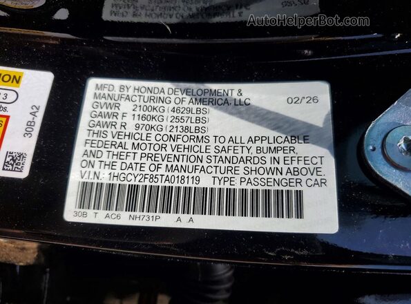 1HGCY2F85TA018119 2026 HONDA ACCORD Black VIN კოდის სტიკერის ხედი