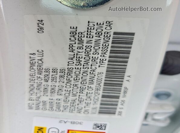 1HGCY2F86SA000176 2025 HONDA ACCORD White VIN կոդի պիտակի տեսք