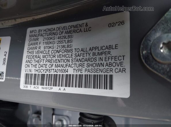 1HGCY2F87TA016064 2026 HONDA ACCORD Серый Вид подкапотного пространства