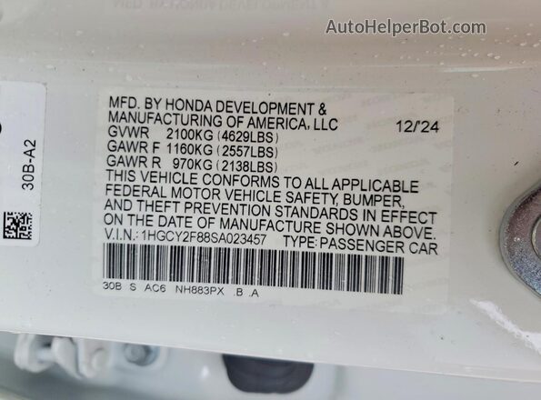 1HGCY2F88SA023457 2025 HONDA ACCORD White Vista de la etiqueta del VIN