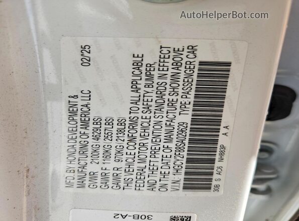 1HGCY2F88SA029629 2025 HONDA ACCORD White Widok naklejki z numerem VIN