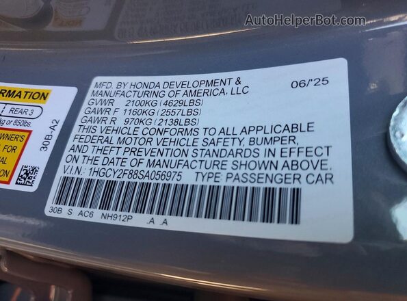 1HGCY2F88SA056975 2025 HONDA ACCORD Gray Widok naklejki z numerem VIN
