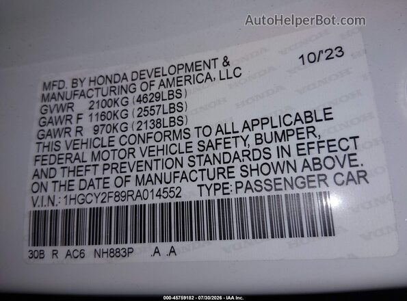 1HGCY2F89RA014552 2024 HONDA ACCORD White Engine compartment view