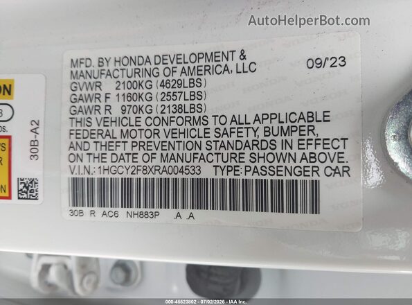 1HGCY2F8XRA004533 2024 HONDA ACCORD White Widok komory silnika