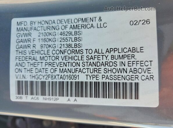 1HGCY2F8XTA016091 2026 HONDA ACCORD Gray Engine compartment view