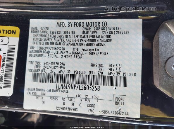 1LN6L9NP7L5605258 2020 LINCOLN CONTINENTA Black Շարժիչի բաժամունքի տեսք