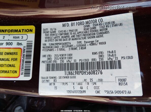1LN6L9RP0H5608276 2017 LINCOLN CONTINENTA Burgundy Engine compartment view