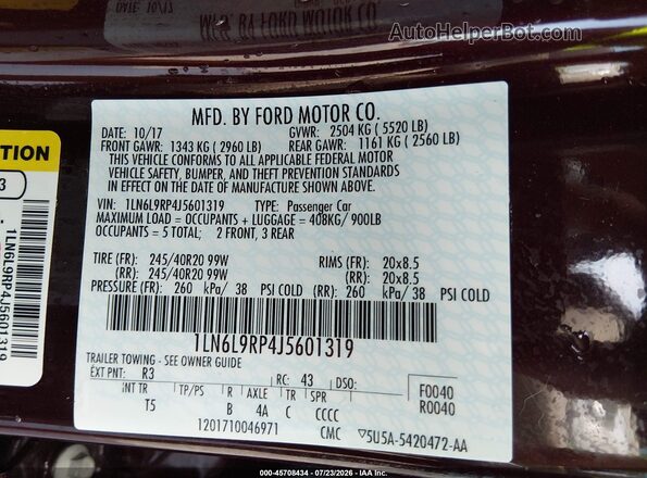 1LN6L9RP4J5601319 2018 LINCOLN CONTINENTA Бордовый Вид подкапотного пространства