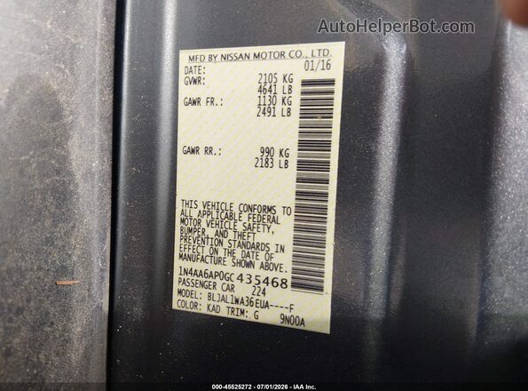 1N4AA6AP0GC435468 2016 NISSAN MAXIMA Gray Vista del compartimento del motor