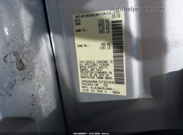 1N4AA6AP0HC379209 2017 NISSAN MAXIMA Silver Widok komory silnika