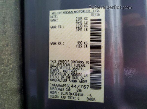 1N4AA6AP1GC442767 2016 NISSAN MAXIMA Gray VIN կոդի պիտակի տեսք