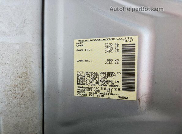 1N4AA6AP2JC363728 2018 NISSAN MAXIMA Silver Engine compartment view