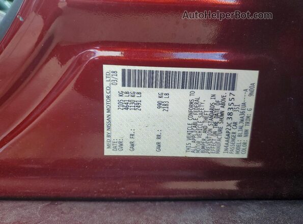 1N4AA6AP2JC383557 2018 NISSAN MAXIMA Maroon Engine compartment view
