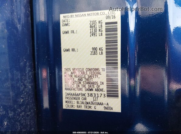 1N4AA6AP3HC383173 2017 NISSAN MAXIMA Blue Vista del compartimento del motor