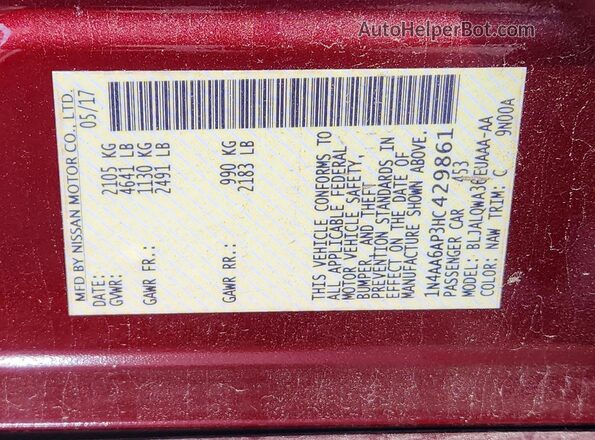 1N4AA6AP3HC429861 2017 NISSAN MAXIMA Burgundy Widok naklejki z numerem VIN