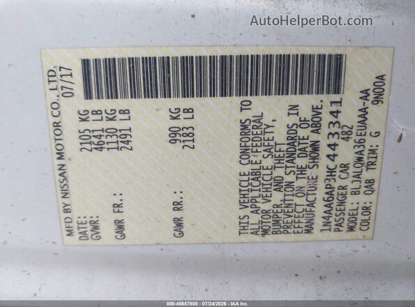 1N4AA6AP3HC443341 2017 NISSAN MAXIMA Белый Вид подкапотного пространства