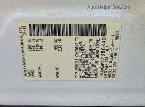 1N4AA6AP3JC386340 2018 NISSAN MAXIMA White Widok naklejki z numerem VIN