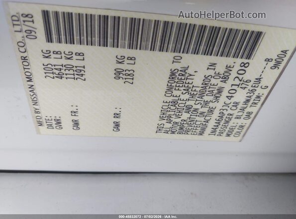 1N4AA6AP3JC401208 2018 NISSAN MAXIMA White Widok komory silnika