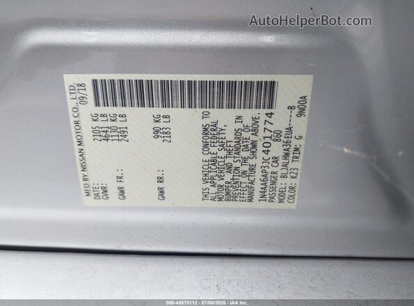 1N4AA6AP3JC401774 2018 NISSAN MAXIMA Silver ძრავის განყოფილების ხედი
