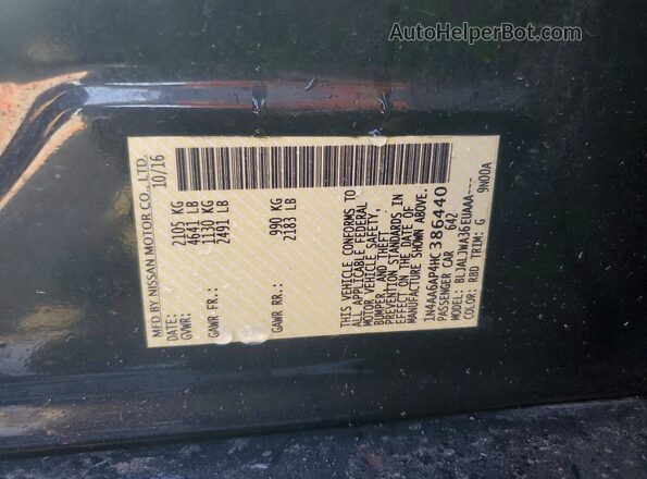 1N4AA6AP4HC386440 2017 NISSAN MAXIMA Charcoal VIN კოდის სტიკერის ხედი