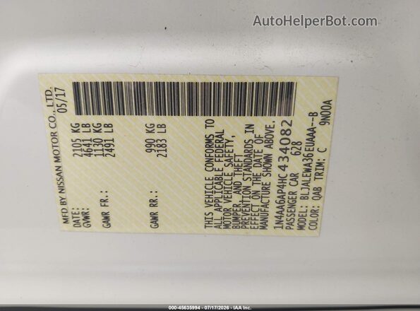 1N4AA6AP4HC434082 2017 NISSAN MAXIMA White Widok komory silnika