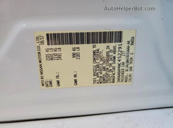 1N4AA6AP4HC452291 2017 NISSAN MAXIMA White VIN sticker view