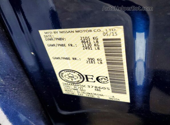 1N4AA6AP5GC378605 2016 NISSAN MAXIMA Blue VIN կոդի պիտակի տեսք