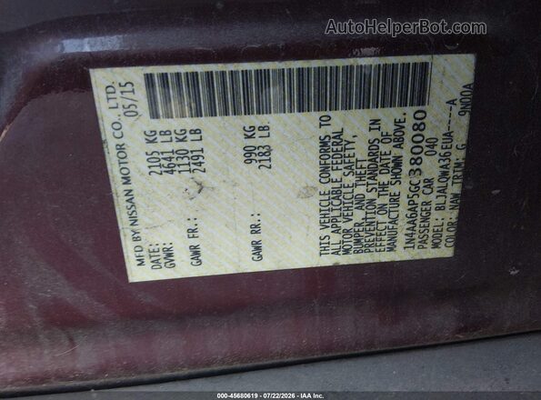 1N4AA6AP5GC380080 2016 NISSAN MAXIMA Темно-бордовый Вид подкапотного пространства