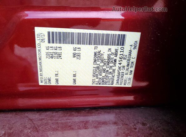 1N4AA6AP5HC456110 2017 NISSAN MAXIMA Burgundy Engine compartment view