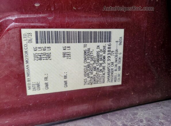 1N4AA6AP5JC393886 2018 NISSAN MAXIMA Maroon Widok naklejki z numerem VIN