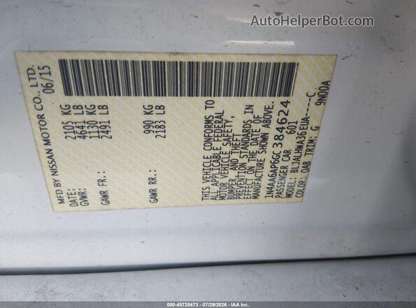 1N4AA6AP6GC384624 2016 NISSAN MAXIMA Белый Вид подкапотного пространства