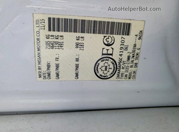 1N4AA6AP6GC419307 2016 NISSAN MAXIMA Белый Вид наклейки с VIN-кодом