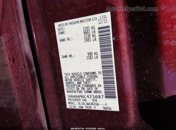 1N4AA6AP6GC425687 2016 NISSAN MAXIMA Burgundy Շարժիչի բաժամունքի տեսք