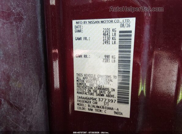 1N4AA6AP6HC377397 2017 NISSAN MAXIMA Maroon Вид підкапотного простору
