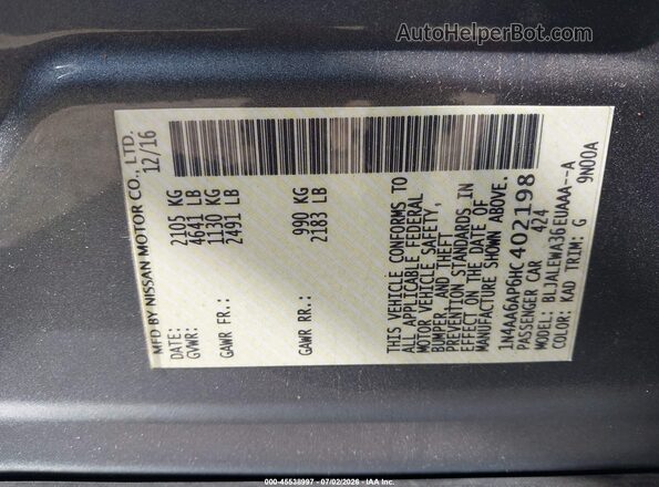 1N4AA6AP6HC402198 2017 NISSAN MAXIMA Gray Engine compartment view